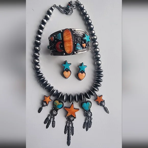 Navajo Made Sterling Silver & Turquoise Star & Heart Jewelry Set Bernyse Chavez - Picture 1 of 5